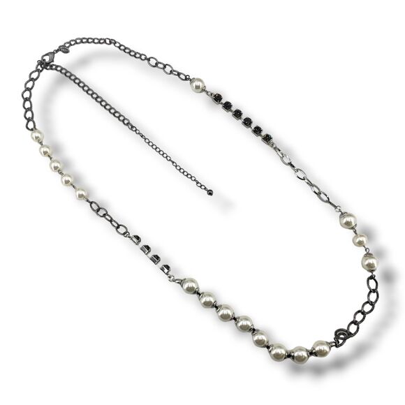 Chico's Gunmetal Gray Chain Faux Pearl Smoke Rhinestone Satellite Bead Necklace - Picture 2 of 8